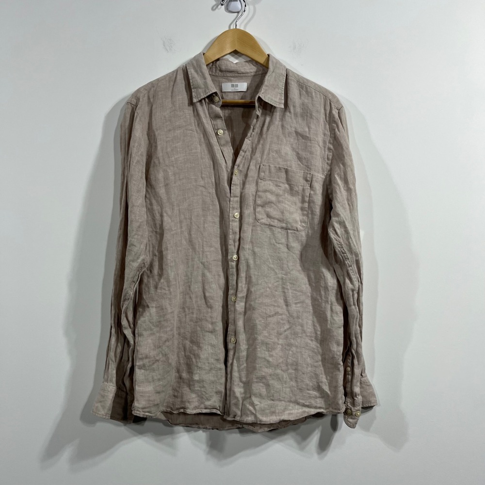 Uniqlo Linen Old Money Button Down Shirt Beige Womens Large Coastal Resort Boho